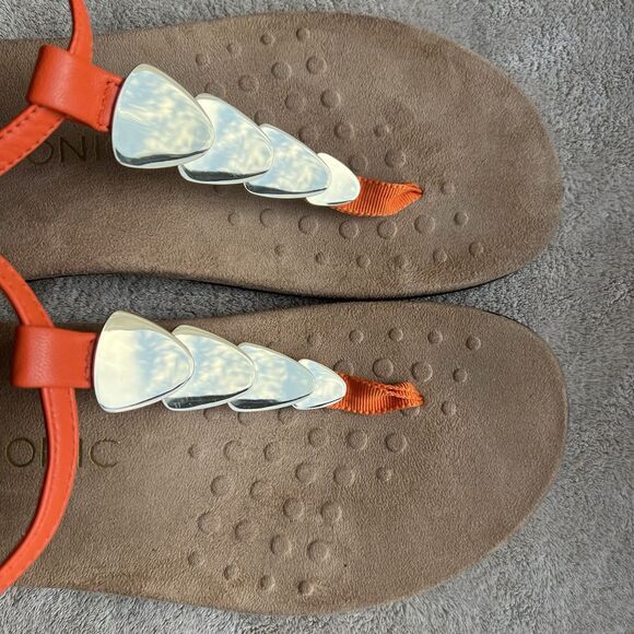 Vionic Rest Miami Orange Leather T-Strap Sandals Women 8 Gold Accents Strappy - Picture 8 of 14